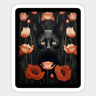 Black Cat Florals Whimsigoth | Gothic Style Kitty and Poppies Sticker